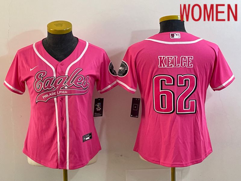 Women Philadelphia Eagles 62 Kelce Pink Nike 2023 Co Branding Game NFL Jersey style 1